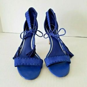 White House Black Market Strappy Blue Suede Tassel High Heel Sandals Sz. 8.5M